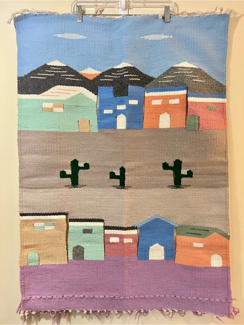 Vintage Hand Woven 3-D Mexican Village Tapestry Southwest Rug Wall Hanging